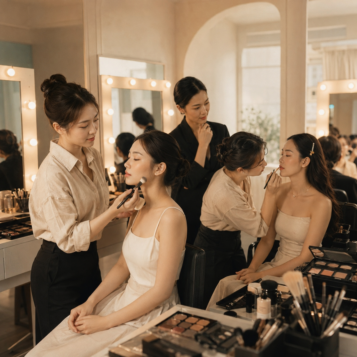 Lớp đào tạo makeup chuyên nghiệp với học viên thực hành trên mẫu thật